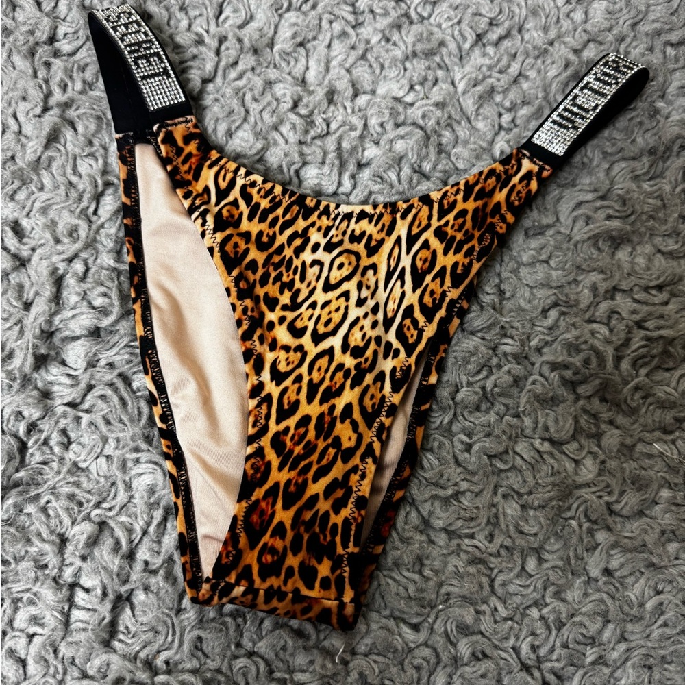 Victoria's Secret Leopard Print Bikini Bottom with Embellished Black Straps